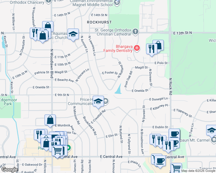 map of restaurants, bars, coffee shops, grocery stores, and more near 1006 North Lawrence Lane in Wichita