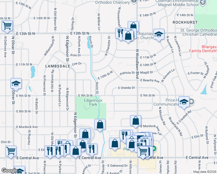 map of restaurants, bars, coffee shops, grocery stores, and more near 1064 Patricia Street in Wichita