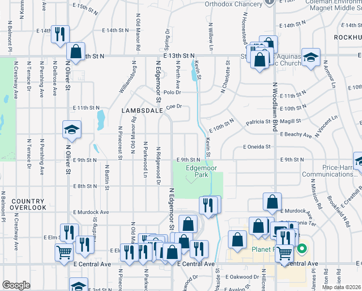 map of restaurants, bars, coffee shops, grocery stores, and more near 1045 North Christine in Wichita