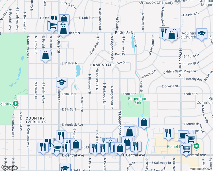 map of restaurants, bars, coffee shops, grocery stores, and more near 1044 North Parkwood Lane in Wichita