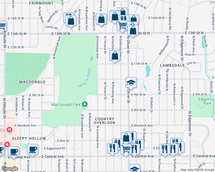 map of restaurants, bars, coffee shops, grocery stores, and more near 1048 North Terrace Drive in Wichita