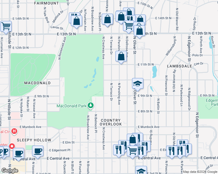 map of restaurants, bars, coffee shops, grocery stores, and more near 1048 North Terrace Drive in Wichita