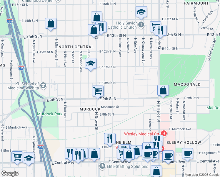 map of restaurants, bars, coffee shops, grocery stores, and more near 1054 North Poplar Avenue in Wichita