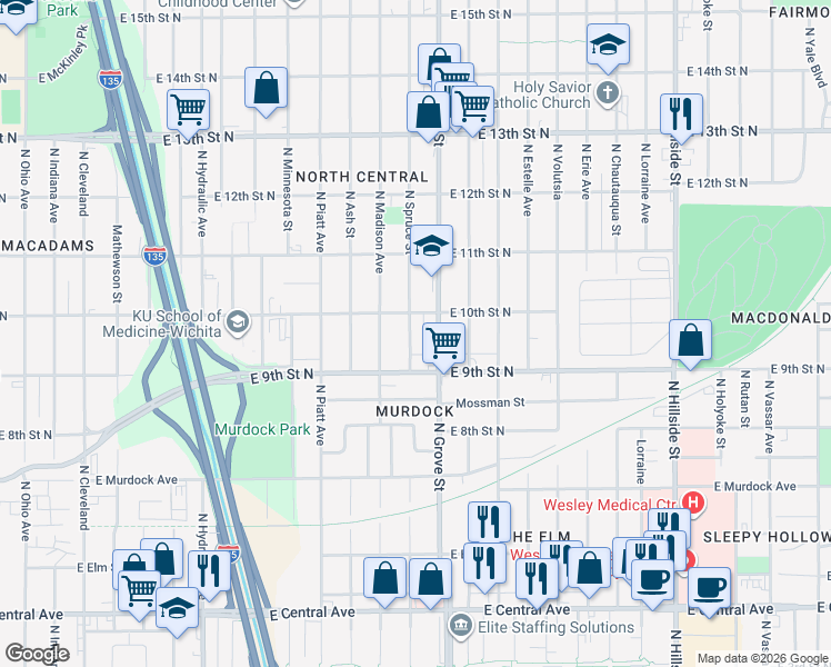 map of restaurants, bars, coffee shops, grocery stores, and more near 1051 North Spruce Street in Wichita