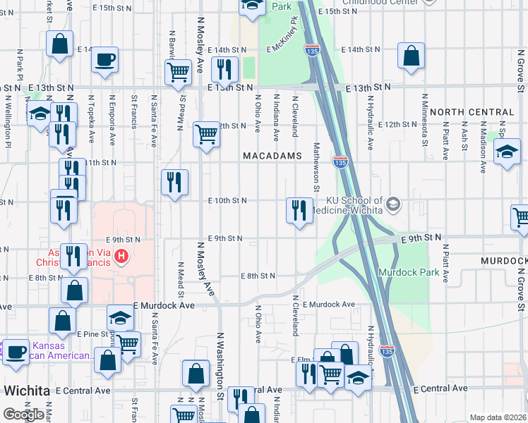 map of restaurants, bars, coffee shops, grocery stores, and more near 1101-1199 East 10th Street North in Wichita