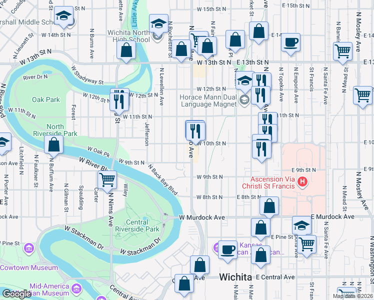 map of restaurants, bars, coffee shops, grocery stores, and more near 411 West 10th Street North in Wichita