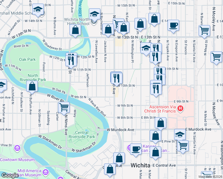 map of restaurants, bars, coffee shops, grocery stores, and more near 411 West 10th Street North in Wichita