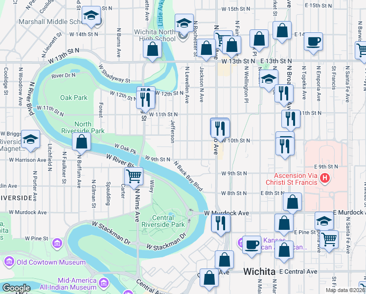 map of restaurants, bars, coffee shops, grocery stores, and more near 1102 North Jefferson Street in Wichita