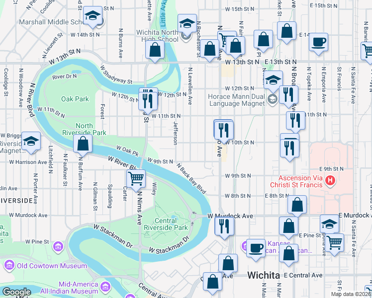 map of restaurants, bars, coffee shops, grocery stores, and more near 1102 North Jefferson Street in Wichita