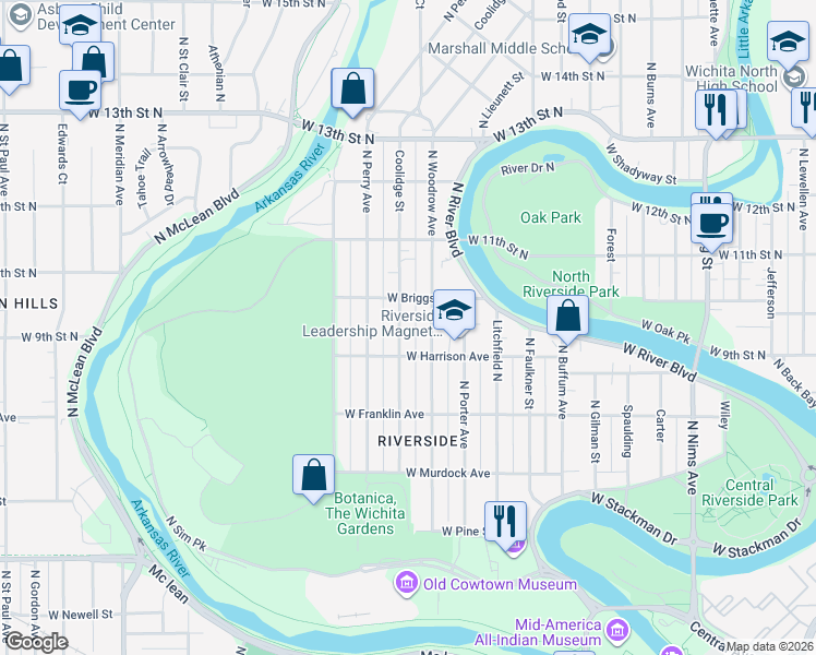 map of restaurants, bars, coffee shops, grocery stores, and more near 1043 Coolidge Street in Wichita