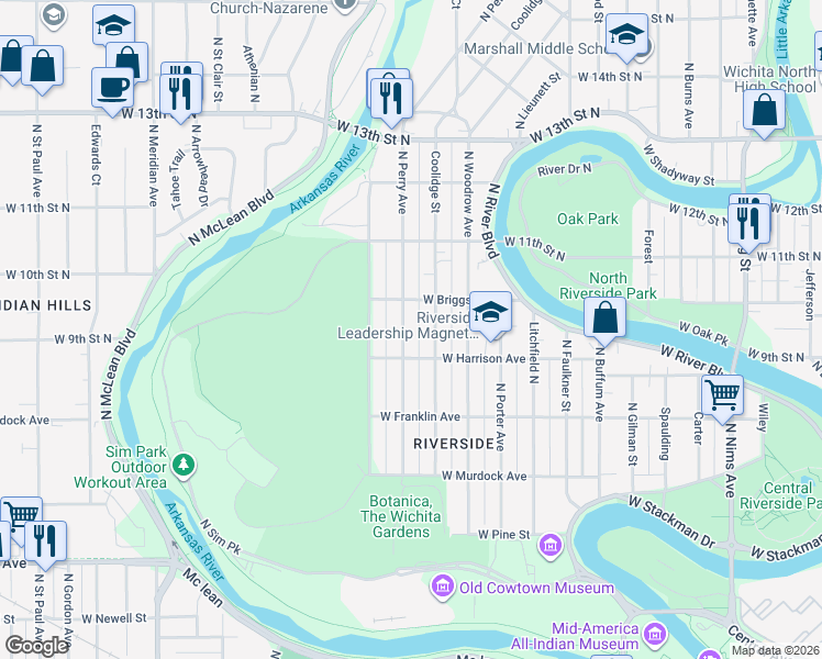 map of restaurants, bars, coffee shops, grocery stores, and more near 1041 North Perry Avenue in Wichita