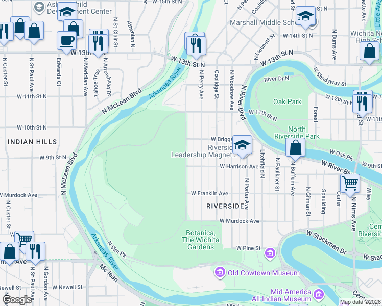 map of restaurants, bars, coffee shops, grocery stores, and more near 1041 North Perry Avenue in Wichita