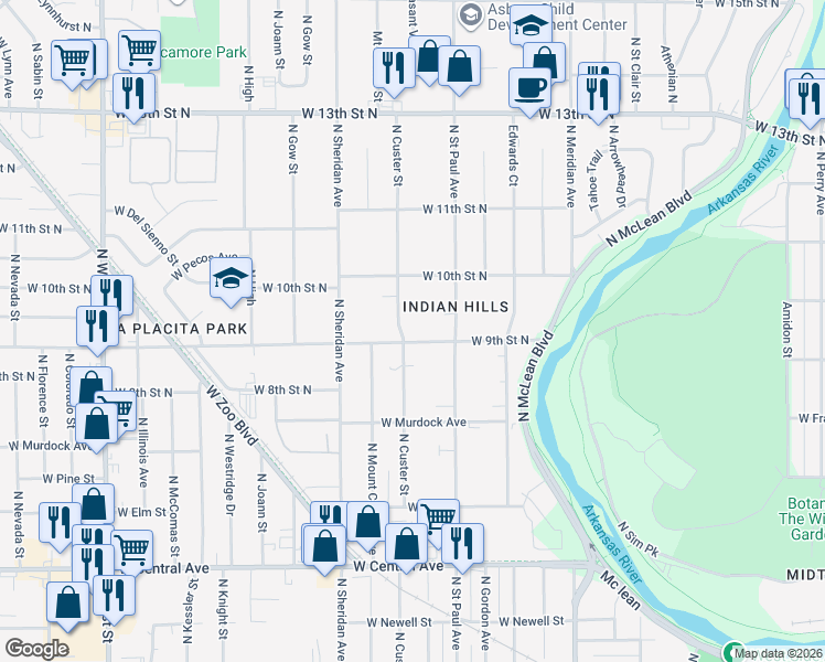 map of restaurants, bars, coffee shops, grocery stores, and more near 1023 North Saint Paul Street in Wichita