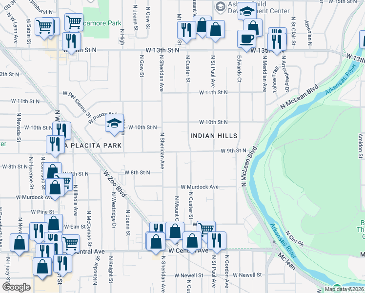 map of restaurants, bars, coffee shops, grocery stores, and more near 1013 North Custer Street in Wichita