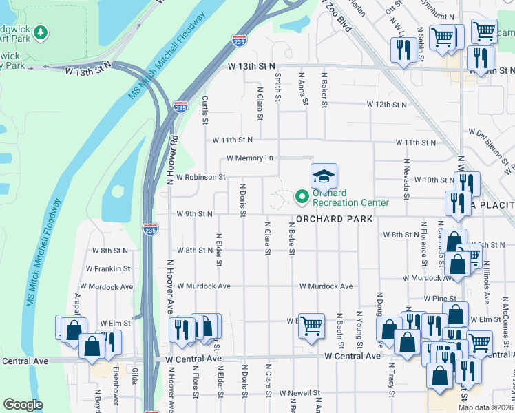 map of restaurants, bars, coffee shops, grocery stores, and more near 1031 North Clara Street in Wichita