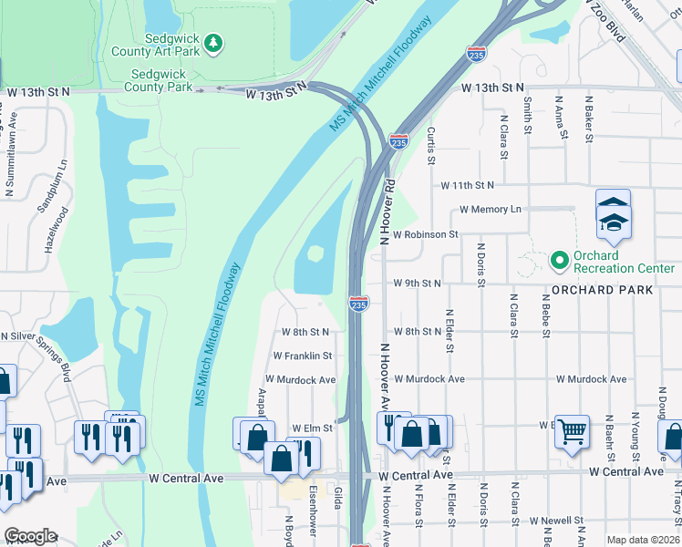 map of restaurants, bars, coffee shops, grocery stores, and more near 1041 North Lakewind Street in Wichita