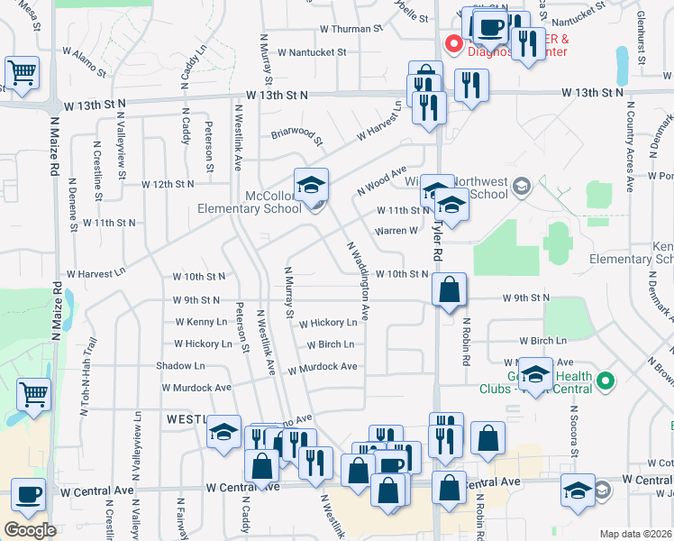 map of restaurants, bars, coffee shops, grocery stores, and more near 1112 North Westfield Street in Wichita