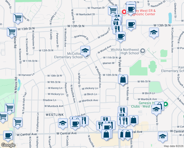 map of restaurants, bars, coffee shops, grocery stores, and more near 1112 North Westfield Street in Wichita