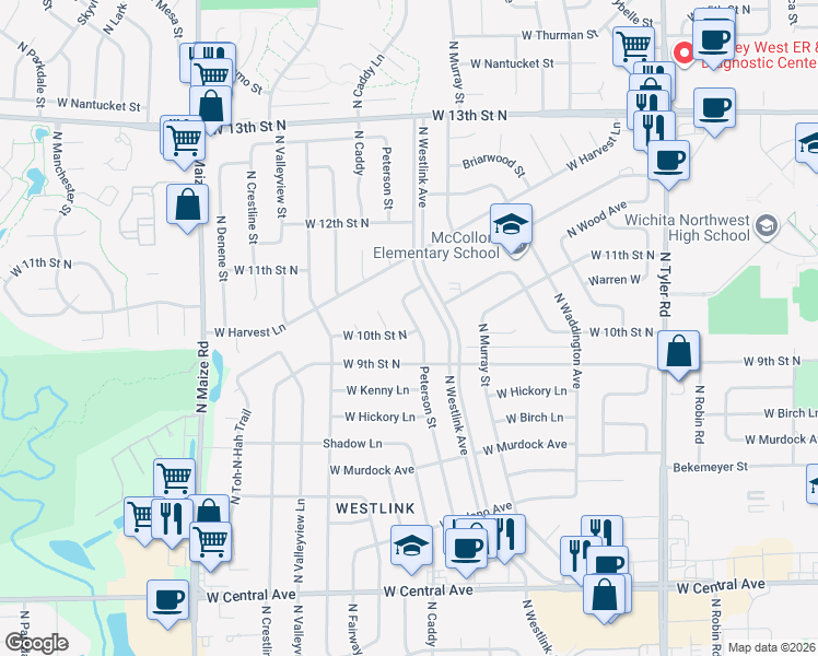 map of restaurants, bars, coffee shops, grocery stores, and more near 9766 10th Court in Wichita