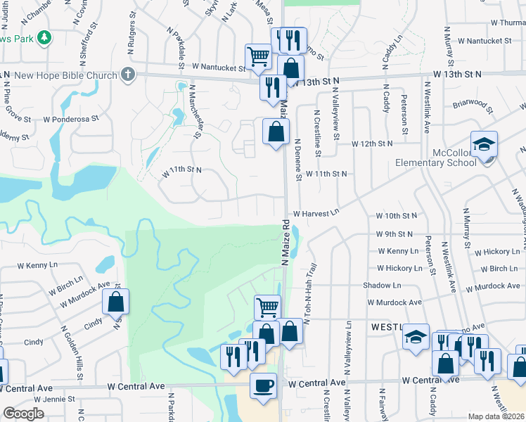 map of restaurants, bars, coffee shops, grocery stores, and more near 10505 West Harvest Court in Wichita