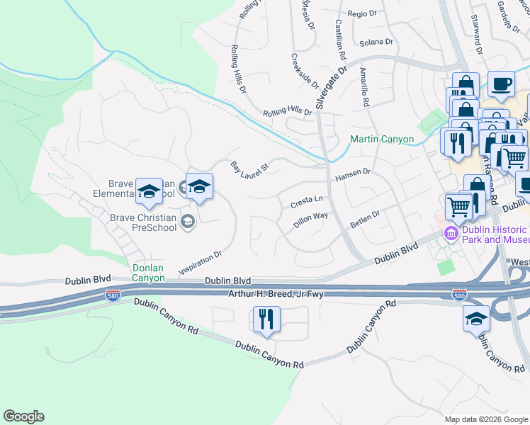map of restaurants, bars, coffee shops, grocery stores, and more near 7464 Hansen Drive in Dublin
