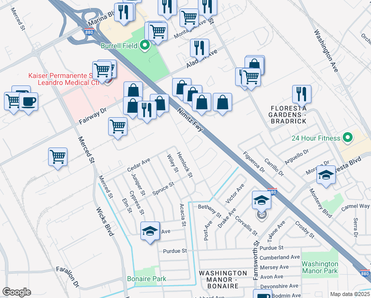 map of restaurants, bars, coffee shops, grocery stores, and more near 14300 Hemlock Street in San Leandro