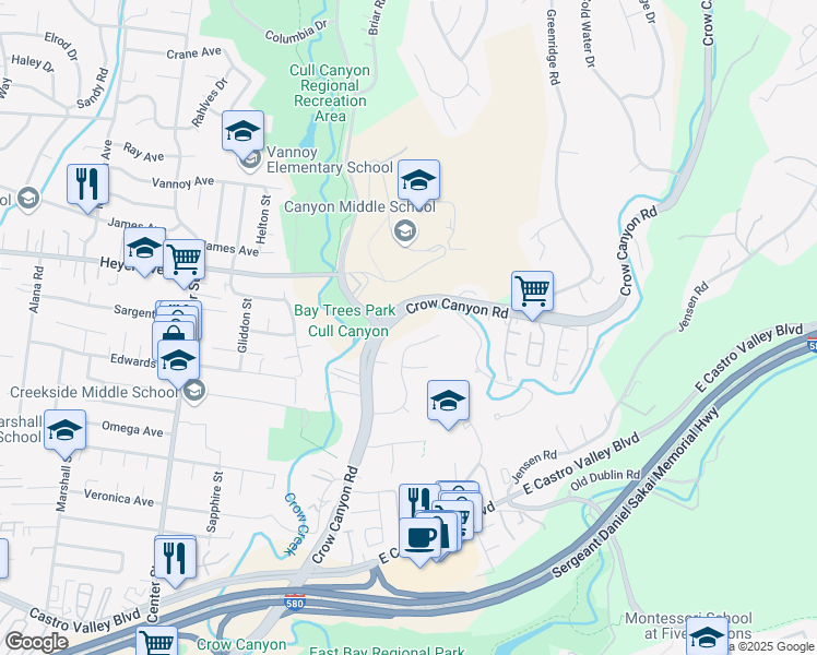 map of restaurants, bars, coffee shops, grocery stores, and more near 4937 Crow Canyon Road in Castro Valley