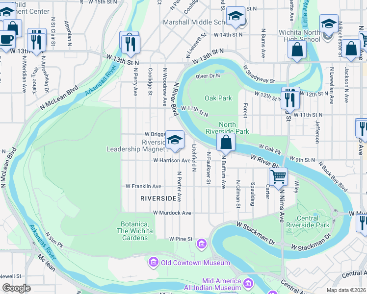 map of restaurants, bars, coffee shops, grocery stores, and more near 1028 North Porter Avenue in Wichita