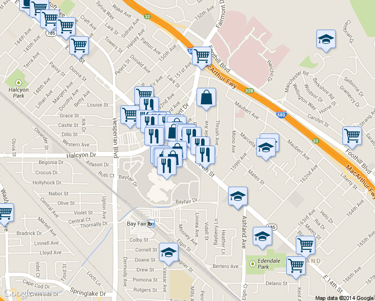 map of restaurants, bars, coffee shops, grocery stores, and more near 15680 East 14th Street in San Leandro