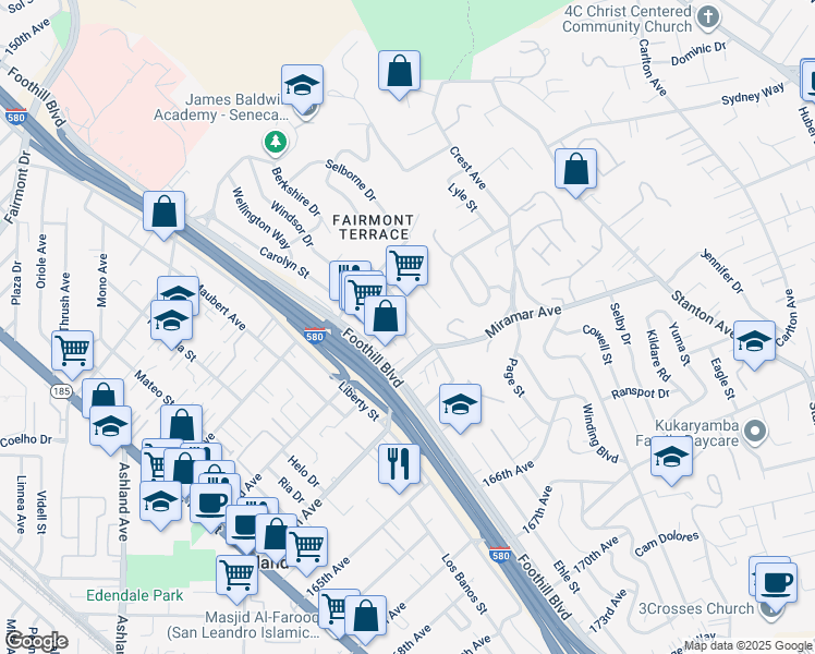map of restaurants, bars, coffee shops, grocery stores, and more near 16318 Ridgehaven Drive in San Leandro