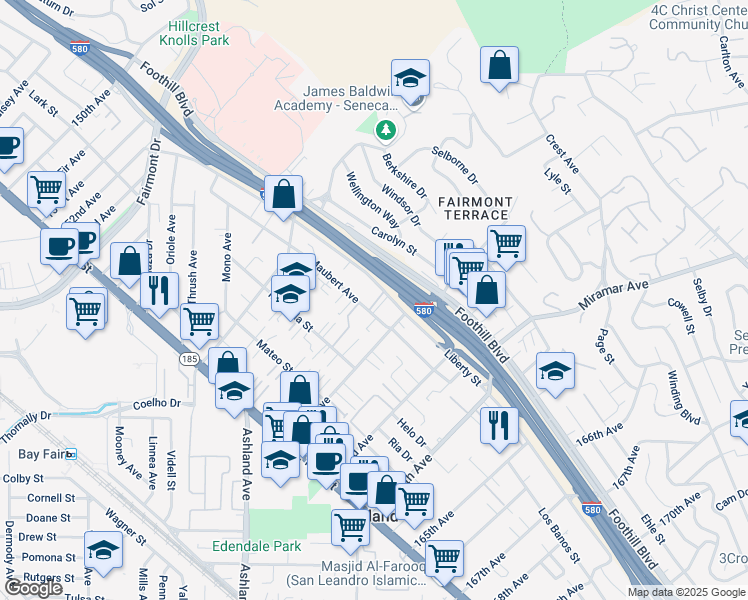 map of restaurants, bars, coffee shops, grocery stores, and more near 1812 Bali Terrace in San Leandro