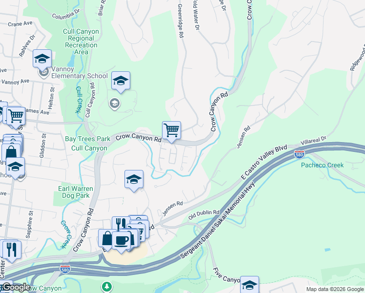 map of restaurants, bars, coffee shops, grocery stores, and more near 5311 San Simeon Place in Castro Valley