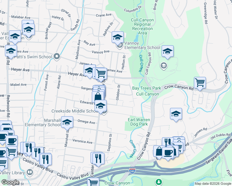 map of restaurants, bars, coffee shops, grocery stores, and more near 19267 Gliddon Street in Castro Valley