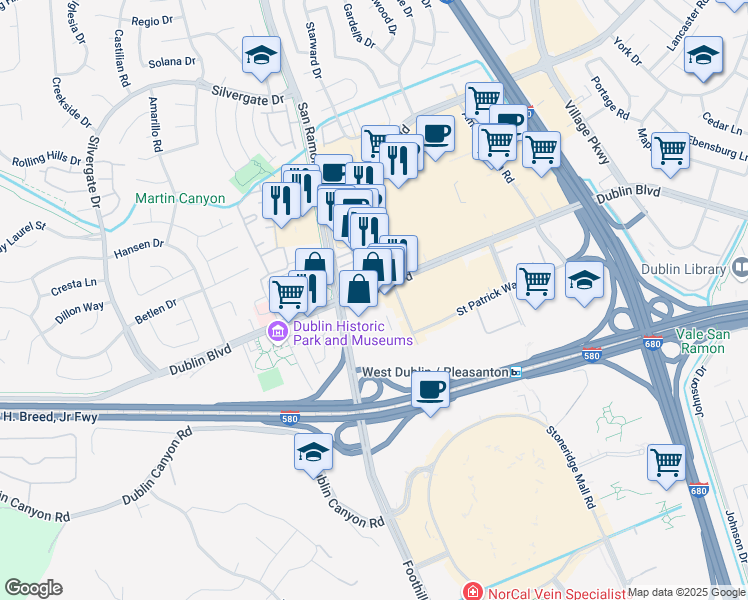 map of restaurants, bars, coffee shops, grocery stores, and more near 7922 Dublin Boulevard in Dublin