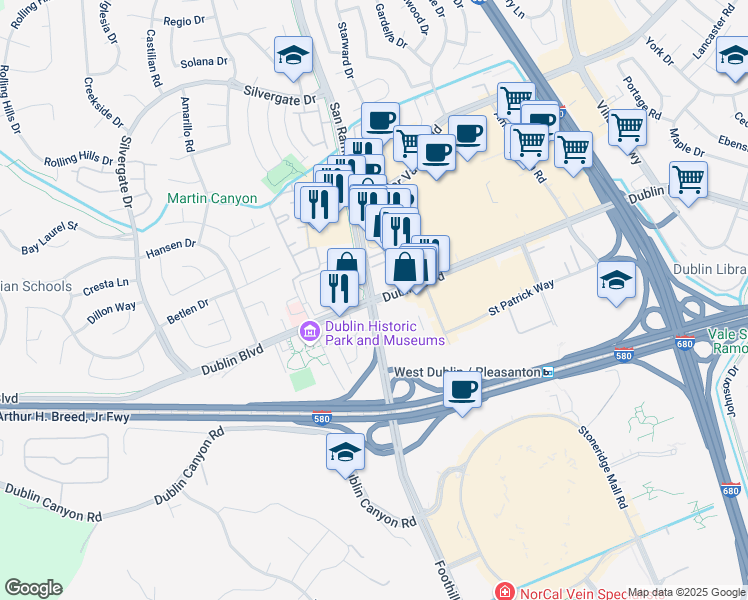 map of restaurants, bars, coffee shops, grocery stores, and more near 11865 Dublin Boulevard in Dublin