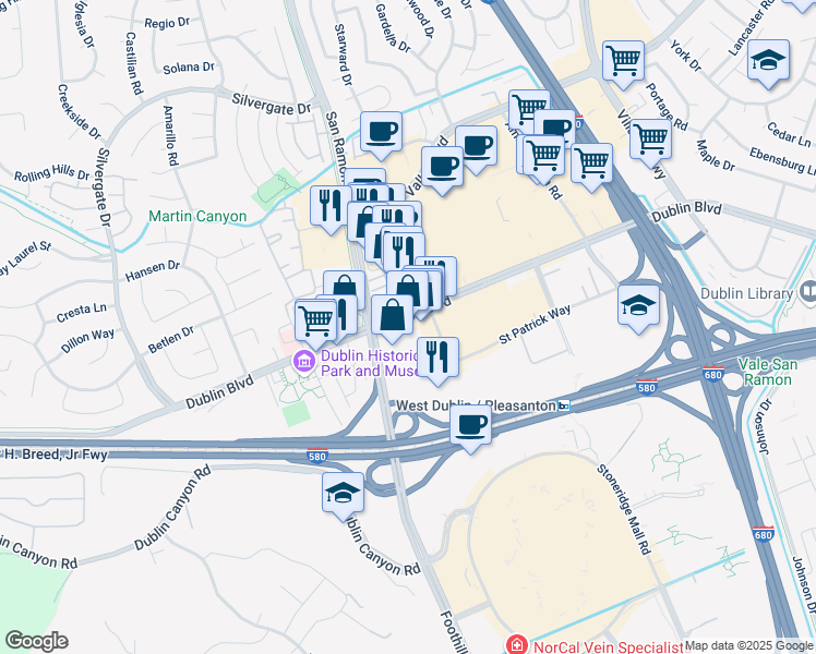 map of restaurants, bars, coffee shops, grocery stores, and more near 7922 Dublin Boulevard in Dublin