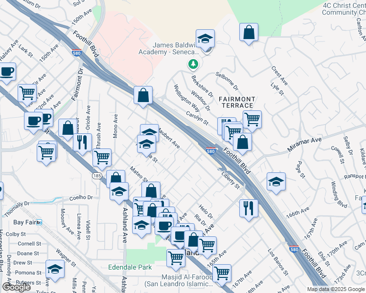 map of restaurants, bars, coffee shops, grocery stores, and more near 16060 Maubert Avenue in San Leandro