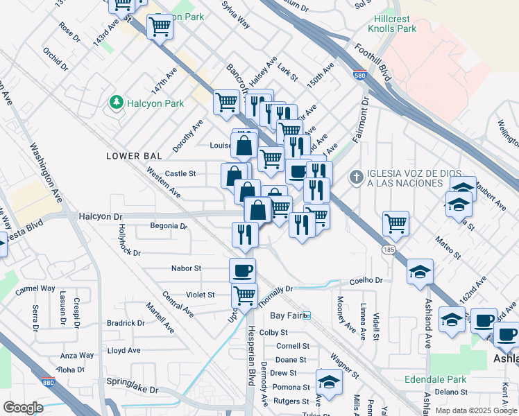 map of restaurants, bars, coffee shops, grocery stores, and more near 15073 Hesperian Boulevard in San Leandro