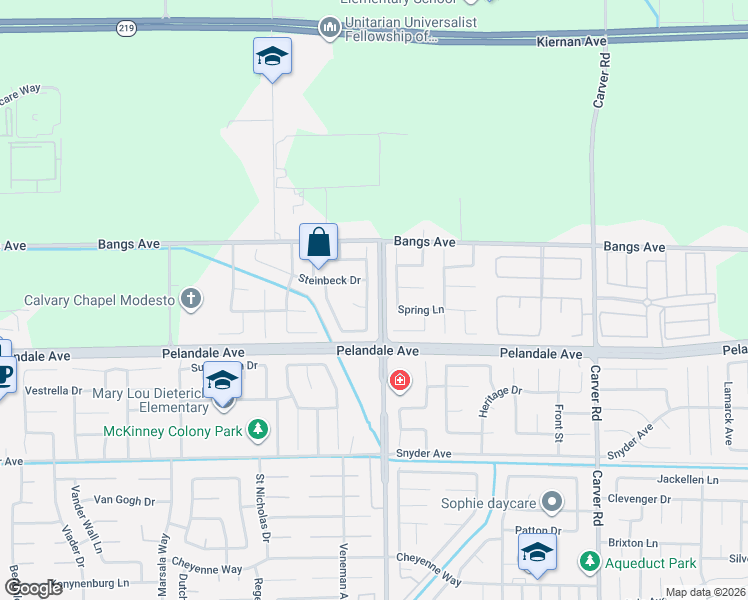 map of restaurants, bars, coffee shops, grocery stores, and more near 4232 Blake Drive in Modesto