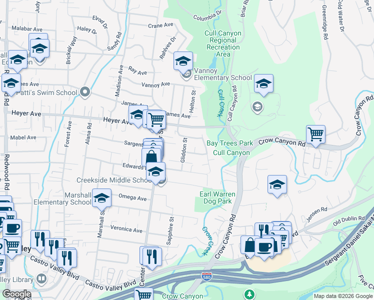 map of restaurants, bars, coffee shops, grocery stores, and more near 19264 Gliddon Street in Castro Valley