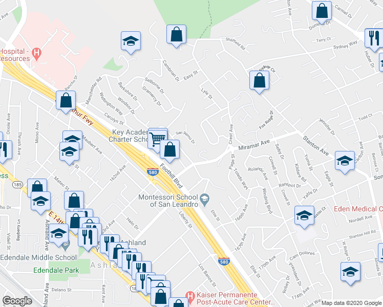 map of restaurants, bars, coffee shops, grocery stores, and more near 16296 Saratoga St in San Leandro