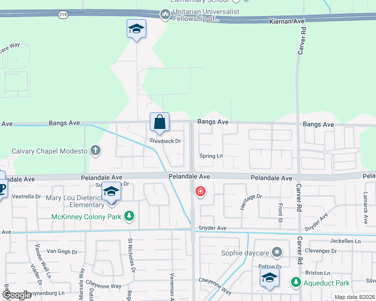 map of restaurants, bars, coffee shops, grocery stores, and more near 4232 Blake Drive in Modesto
