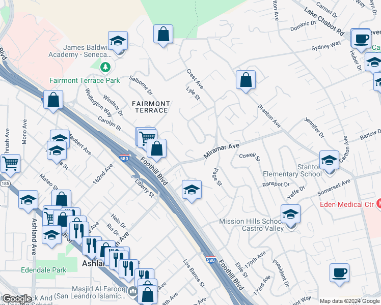 map of restaurants, bars, coffee shops, grocery stores, and more near 16267 Miramar Place in San Leandro
