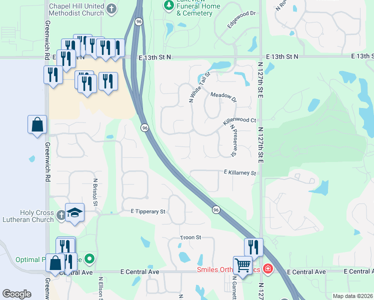 map of restaurants, bars, coffee shops, grocery stores, and more near 1018 N White Tail Cir in Wichita