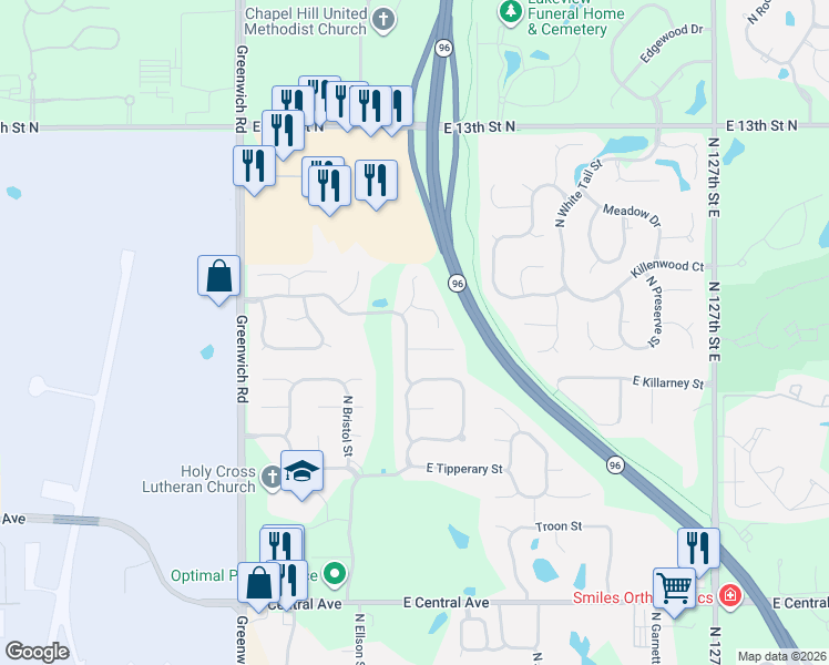 map of restaurants, bars, coffee shops, grocery stores, and more near 1066 North Bedford Street in Wichita