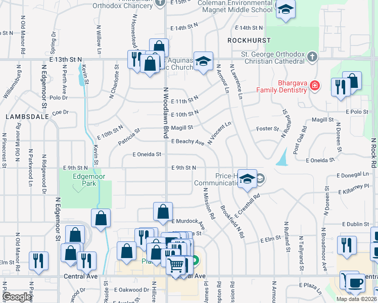 map of restaurants, bars, coffee shops, grocery stores, and more near 6505 Beachy Street in Wichita