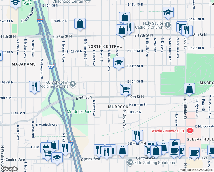 map of restaurants, bars, coffee shops, grocery stores, and more near 1057 North Madison Avenue in Wichita