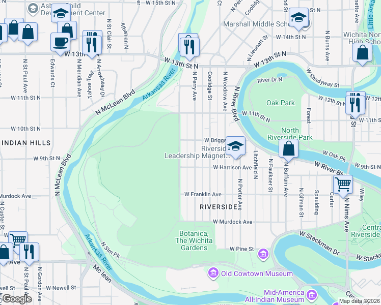 map of restaurants, bars, coffee shops, grocery stores, and more near 1041 North Perry Avenue in Wichita