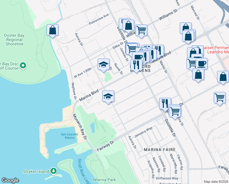 map of restaurants, bars, coffee shops, grocery stores, and more near 2463 West Avenue 133rd in San Leandro