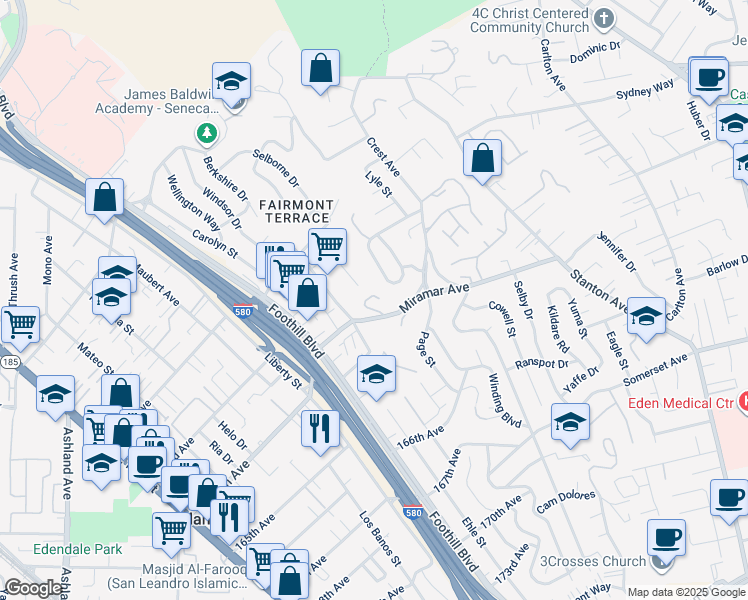 map of restaurants, bars, coffee shops, grocery stores, and more near 16262 Miramar Place in San Leandro